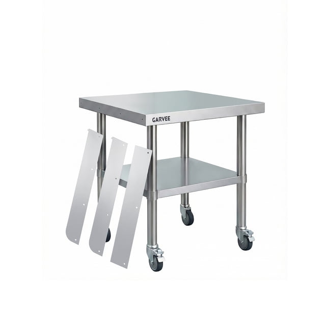 GloryStar Stainless Steel Prep Table with Removable 3-Sided Rim and 4 Locking Wheels, Commercial Grade Heavy Duty Cart for Kitchen, Restaurant, and Food Preparation Needs
