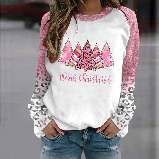 Qertyioot Femmes Mode Noël Impression Sweat-Shirt, Manches Longues Casual Col Rond Pull Tops