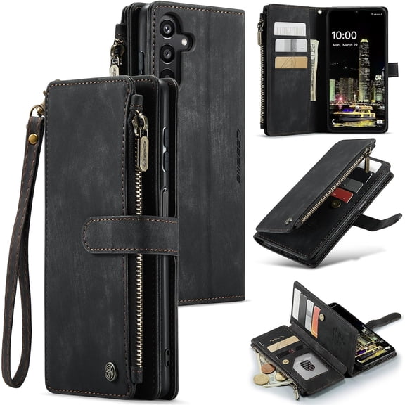 Compatible with Samsung Galaxy A16 5G Wallet Case with Card Holder Kickstand Magnetic Zipper Pocket Lanyard Strap Wristlet,Leather Flip Case Wallet for Galaxy A16 5G 6.7 Inch