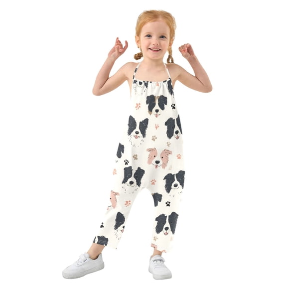 Girls' Jumpsuits Rompers Summer Casual Sleeveless Rompers With Pockets Spaghetti Strap Romper Dog Head and Paw Prints 1T