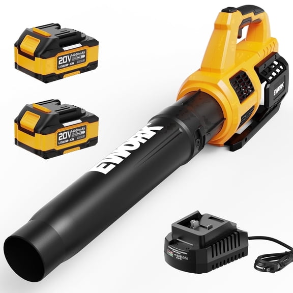 EWORK 20V Cordless Leaf Blower, 550CFM 150MPH Turbo, 2×4.0Ah Batteries & Fast Charger, Lightweight Handheld Electric Blower for Lawn Yard Patio Leaf Dust Cleaning-Yellow