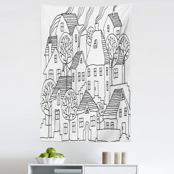 Sketchy Tapestry, Cartoon Design House Village with Stripes Hand Drawn Images Art Print, Fabric Wall Hanging Decor for Bedroom Living Room Dorm, 5 Sizes, Black and White, by Ambesonne