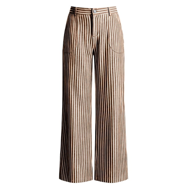 Plaid Pants for Women Women's Striped Wide Leg Pants, Elastic High Waist Dress Trousers with Button Closure for Business Casual Brown XL
