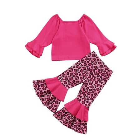

DuAnyozu Girls Solid Color Flare Sleeve T-Shirt Leopard Print Bell-Bottom Pants