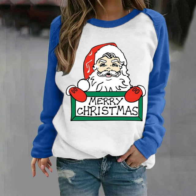 Qiopertar Mode Femmes Noël Imprimé Manches Longues Col Rond Chandail en Molleton Dames Hauts Blouse Offres de la Semaine Liquidation Moins de 5$ jusqu'à 90 % de Réduction