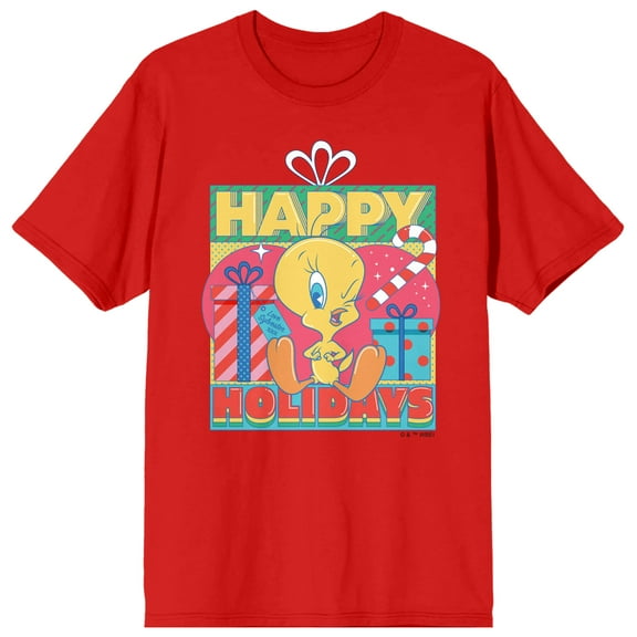 Looney Tunes Tweety Happy Holidays Crew Neck Short Sleeve Red Women's T-shirt-Medium