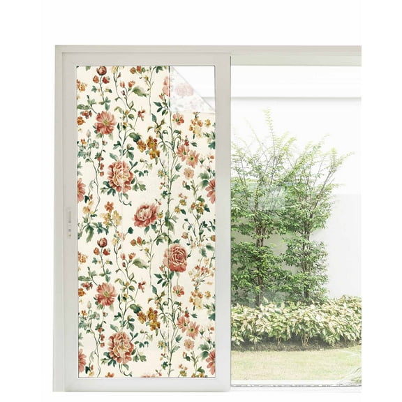 Window Privacy Film Botanical Flowers Stained Glass Window Film Decorative Sun Block Window Cover Vintage Country Pastoral Floral Vines Window Clings Static Adhesive Sticker for Bathroom 35.4"x78.7"