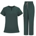 thumbnail image 2 of Hfnxid 2 Piece Scrubs Set for Women Solid Color Nurse Working Uniform Henley Short Sleeve Top and Wide Leg Pants Suit, 2 of 5