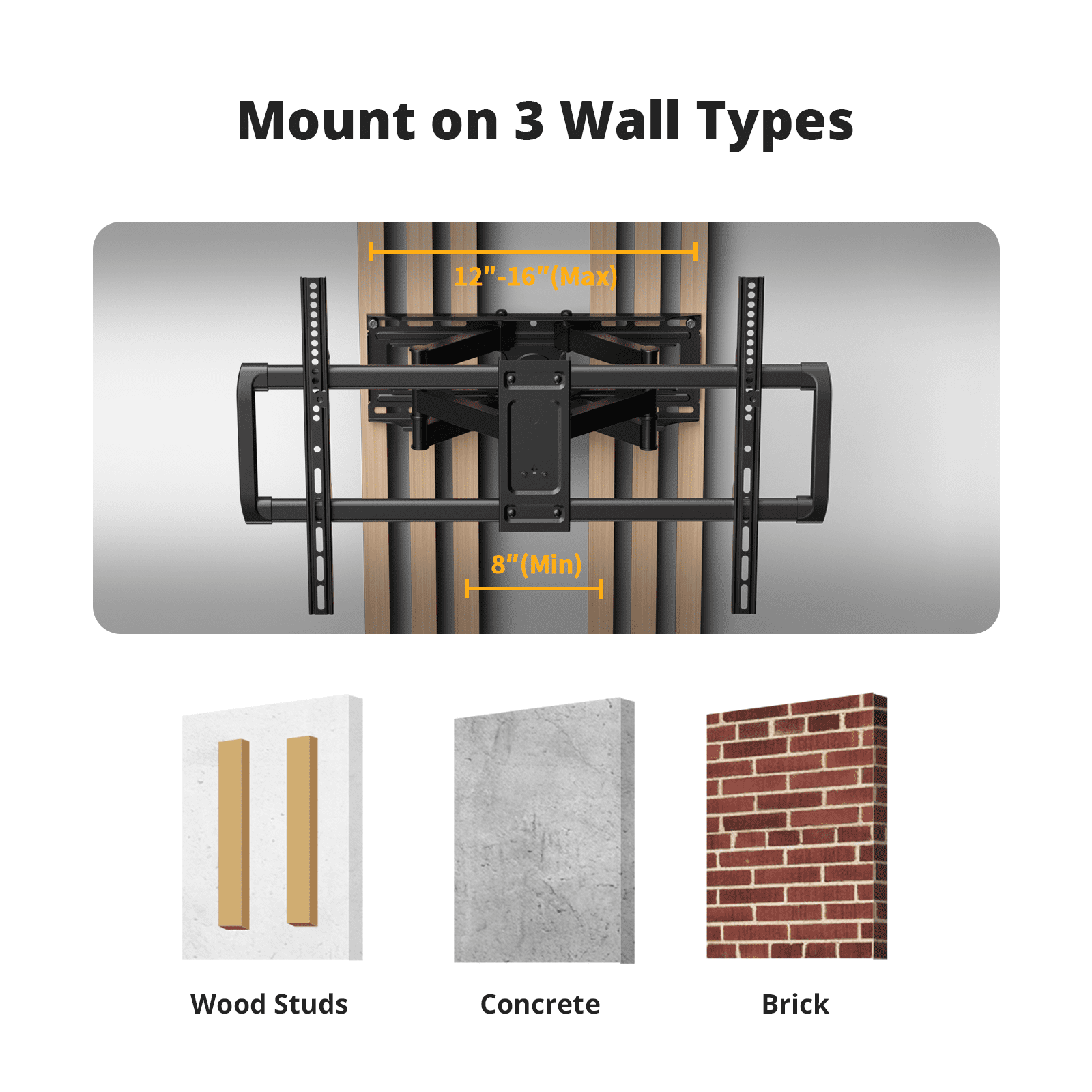 MountFTV Full Motion TV Wall Mount for Most 37-82 inch TVs, TV bracket with Swivels Tilts Extension Leveling,Max 600x400mm, Holds up to 100 lbs,Fits 8 12 16" Wood Studs 