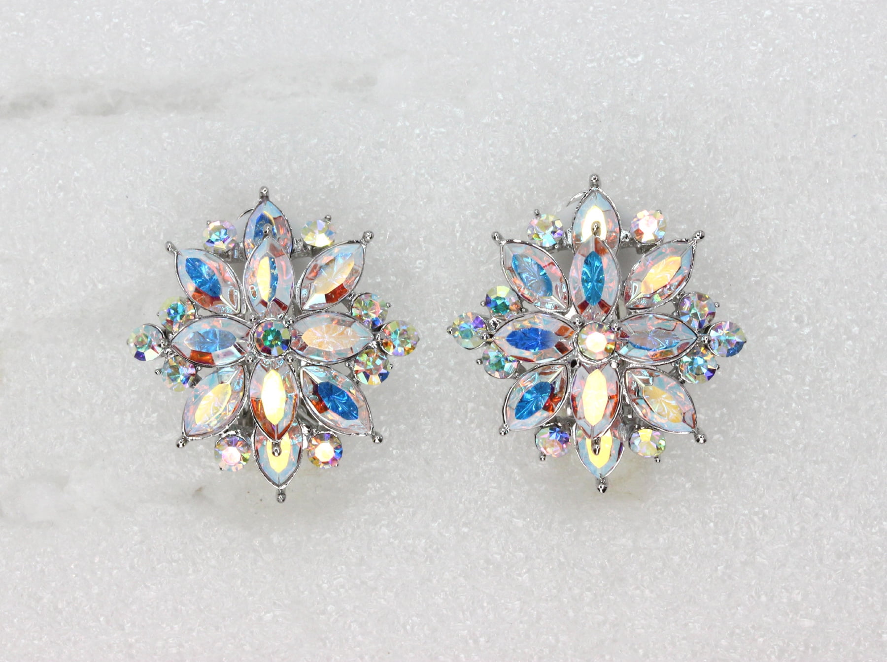 Faship Sparkling AB Crystal Clip On Style Floral Earrings