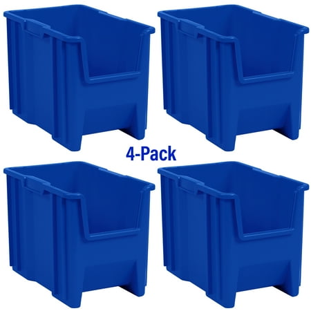 Akro-Mils Stak-N-Store 13014 Large Storage Bins Stackable Heavy Duty Containers, 17.5"x11"x12.5", Blue, 4-Pack