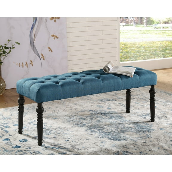 Leviton Fabric Tufted Turned Leg  Dining Bench Blue