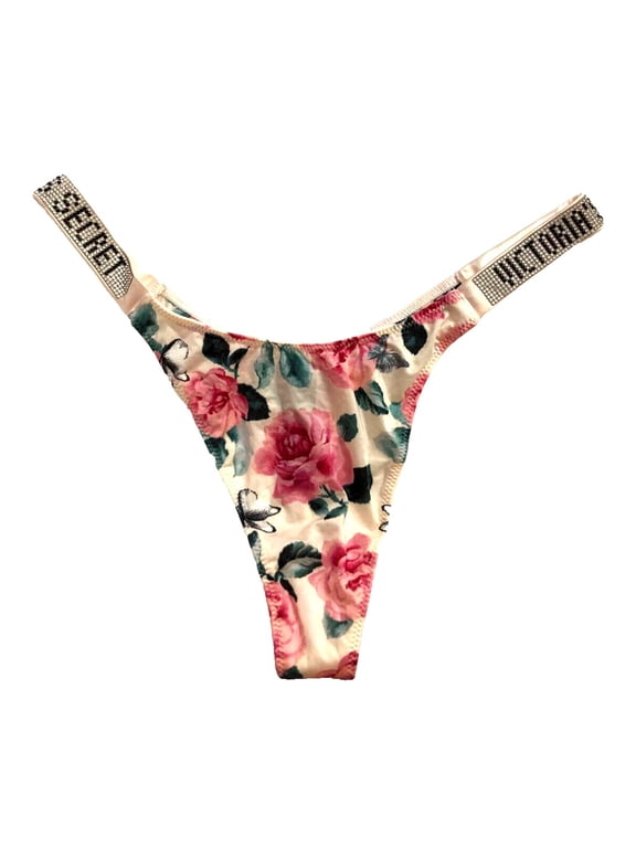 Very Sexy Bombshell Shine Strap Thong Panty Pink Roses Floral Size Large NWT