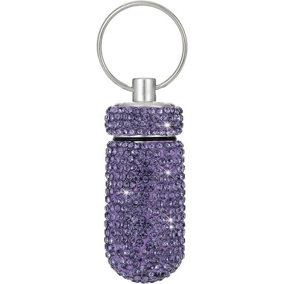 Pill Holder Keychain, Medicine Holder Pill Container Keychain Mini Size Waterproof and Light Weight Portable Pill Bottle Case, Bling Aluminum Key Chain for Outdoor Camping Traveling (Purple)
