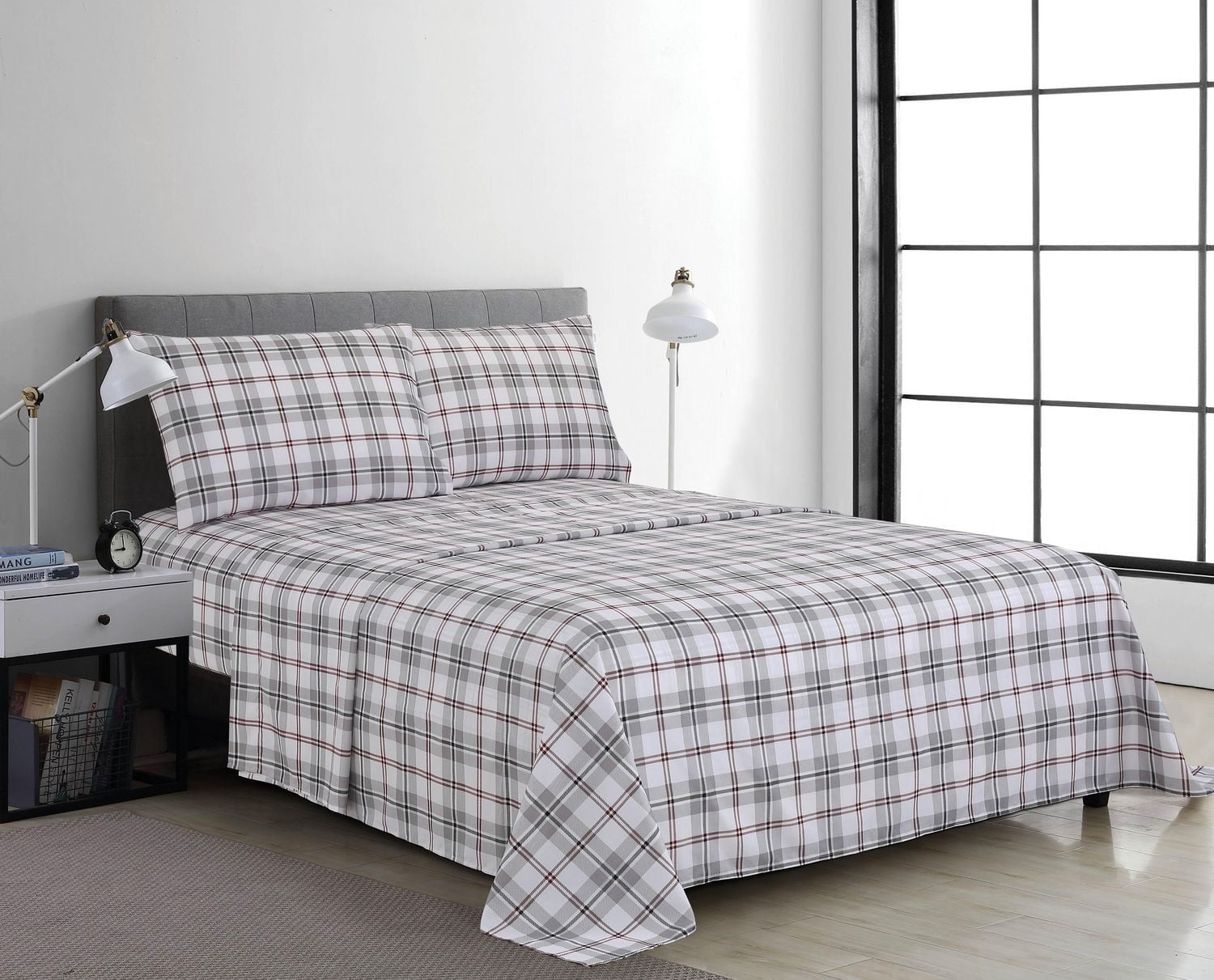 4 Piece Microfibre Sheet Set Grey Plaid