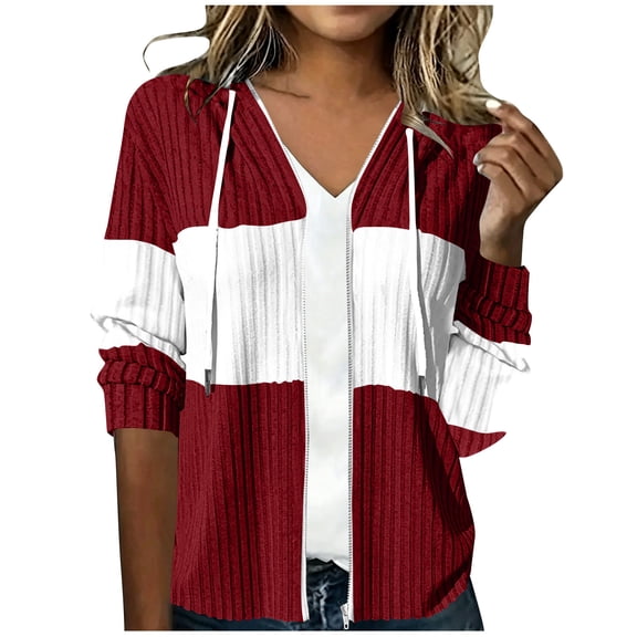 BUIGTTKLOP Womens Sweaters Hooded Sweatshirt Basic Zip-Up Hoodies Jacket Color Block Long Sleeve Top with Pockets