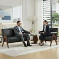 thumbnail image 3 of LAZZO 50" Mid-Century Modern Black Leather Sofa, Small Comfy Wooden Couch for Living Room, Bedroom, Office & Waiting Room, 3 of 6