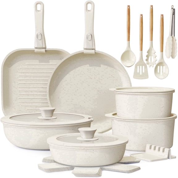 Astercook 22 Piece Pots and Pans Set Non Stick, Cookware Set with Detachable Handles, Oven Safe, Induction Ready, Stackable RV Kitchen Cooking Set, Cream White