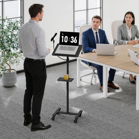 Adjustable Height Podium Stand with Microphone & Storage Tray, Portable Standing Desk Lectern for Classroom Conference Room Home Office, Black LPBK4001