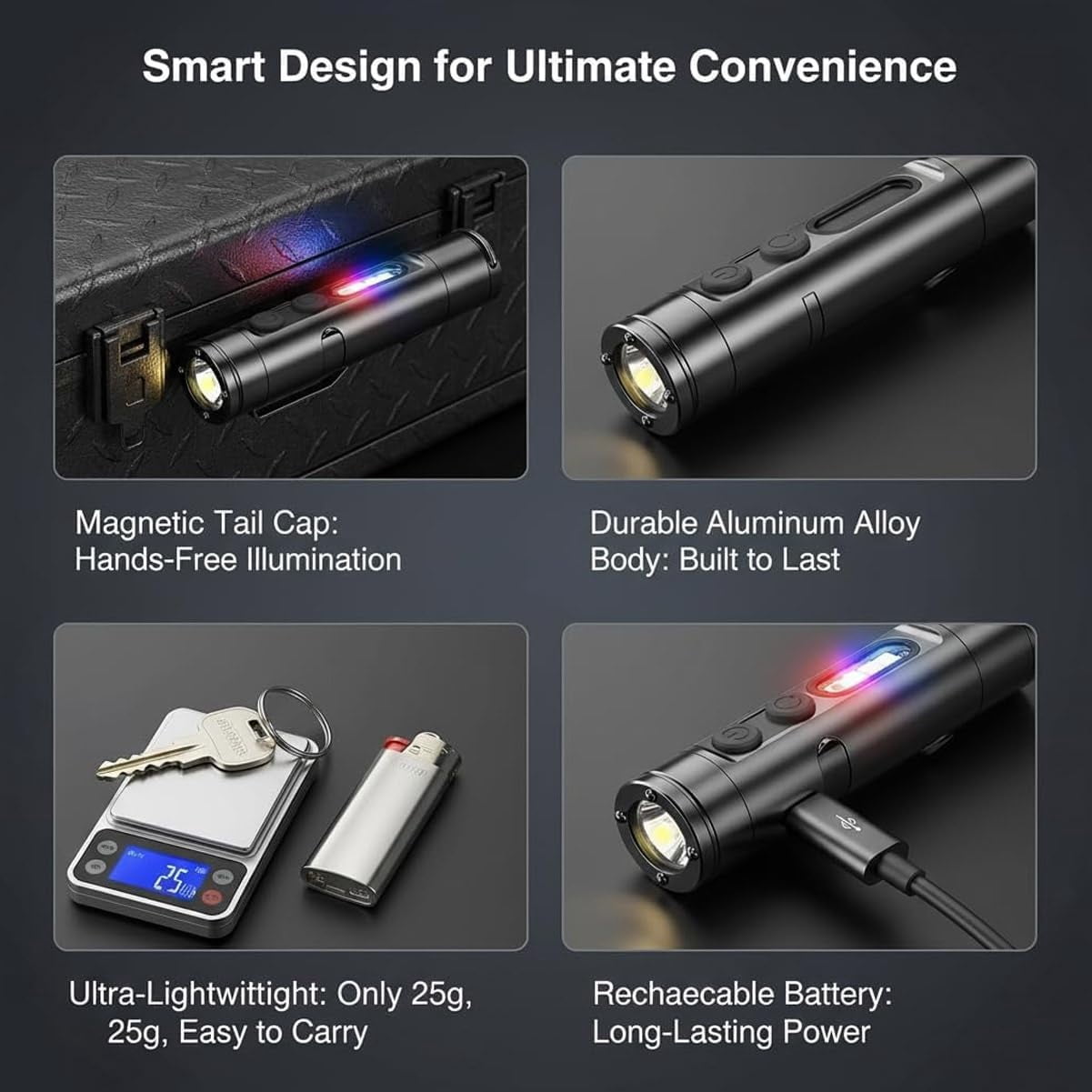 Pocket Rechargeable Edc Flashlight: Mini Keychain Light with Fire Starter & Window Breaker, Mini Light with Fire Starter, Magnetic Emergency Bright Keychain Flashlight for Camping, Hiking(Silver)