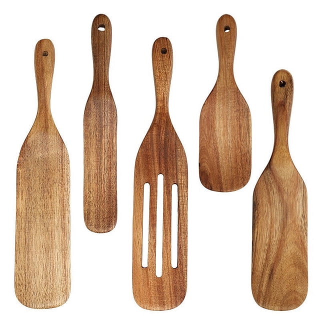 Cucharas de madera para cocinar utensilios de cocina de madera y soporte para utensilios, espátula que incluye cuchara, espátula y cuchara ranurada de mango largo