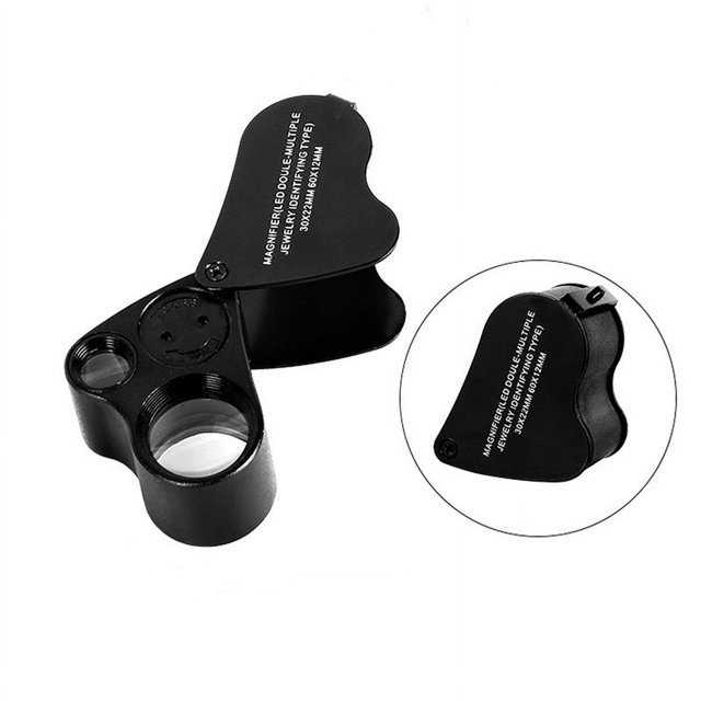 Lupa de cristal con lente de joyero, lupa de 30X y 60X, 2 luces LED (negro)