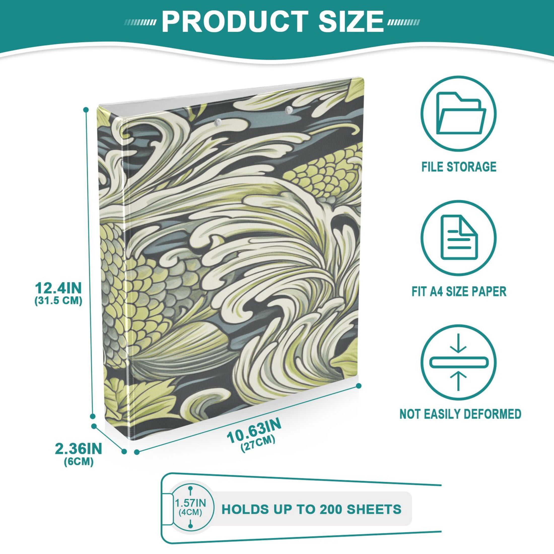 Floral Wave Design 12.4x10.6in PVC Round Ring Binder, D-Ring 3-Hole, Metal Clip, 200 Sheets
