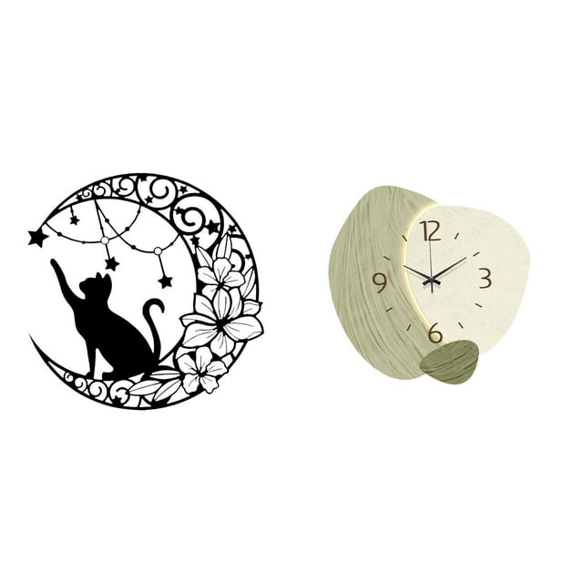 Reloj De Pared De Metal Silencioso Con Diseño De Gato, Escultura De Gato Negro Y Luna, Decoración Sencilla De Dibujos Animados Para Colgar En La Pared, Para Cocina, Oficina, Granja, Regalos