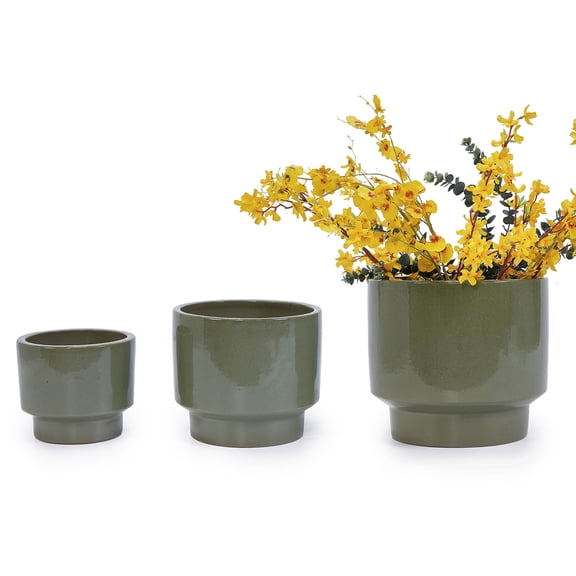 S-HOME Set of 3 Antique Light Green Ceramic Planters, 15" 12" 9" Modern Flower Pots for Indoor/Outdoor
