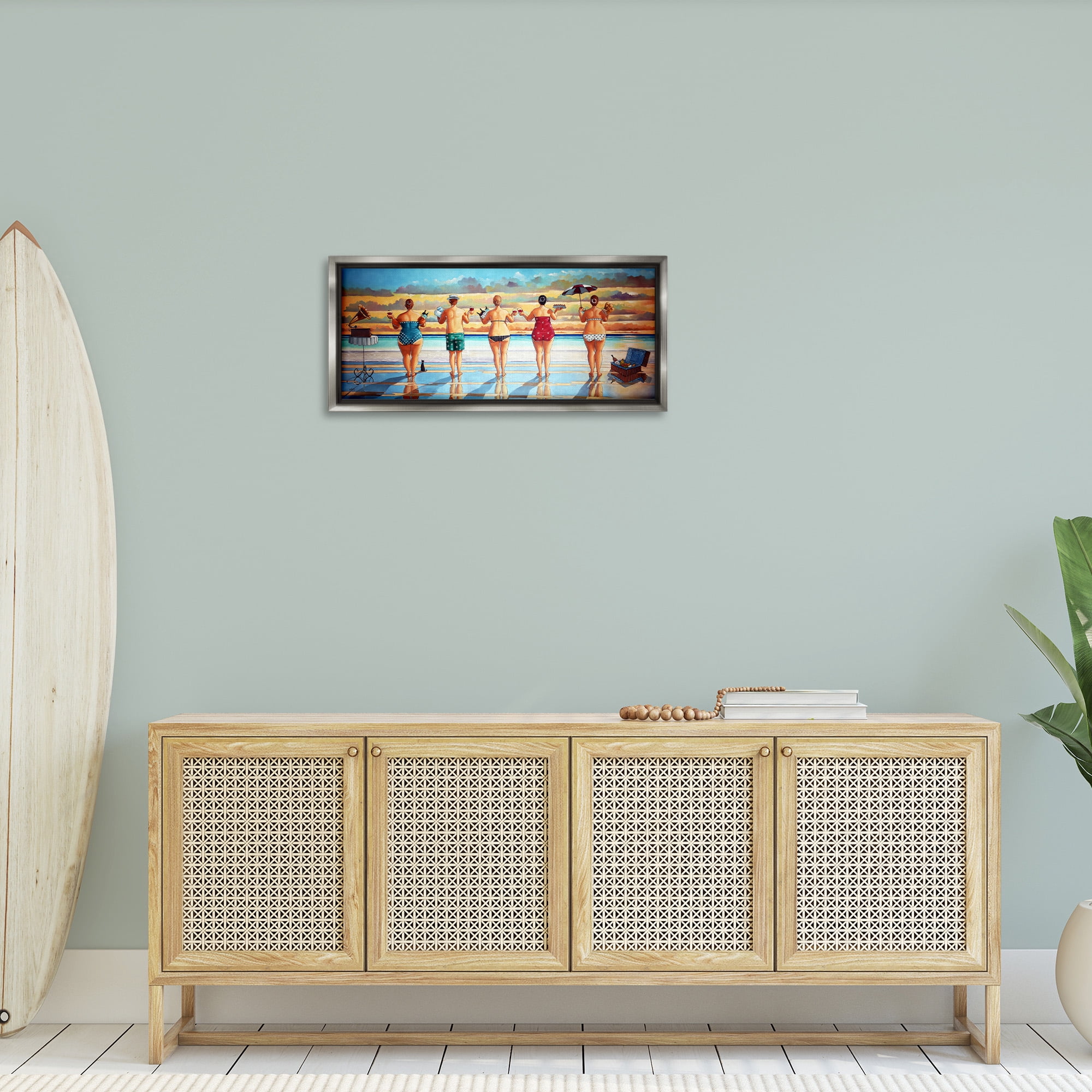 Stupell Industries Beach Friends Coastal Summer Fun Nature Painting Gray Floater Framed Canvas Art Print Wall Art, 31 x 14