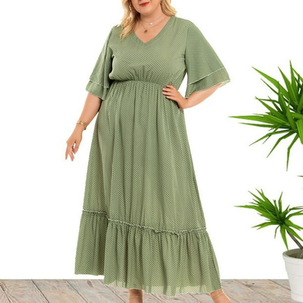 Plus Size Summer Dresses Women V Neck Polka Dots Ruffle Short Sleeve Casual Flowy Beach Vacation Dresses -