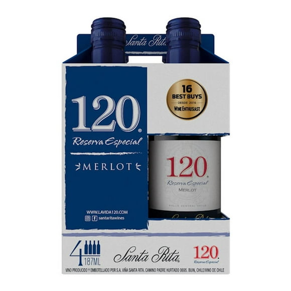Pack de 6 Vino Tinto Santa Rita Merlot Con 4 Bot c/u de 187 ml Santa Rita Merlot Con 4 Bot c/u de