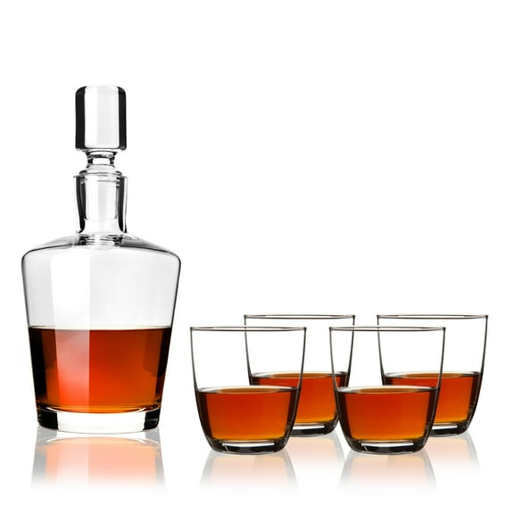 True Liquor Decanter Set, Whiskey Bourbon, 4 11oz Tumblers, 1 36oz Decanter