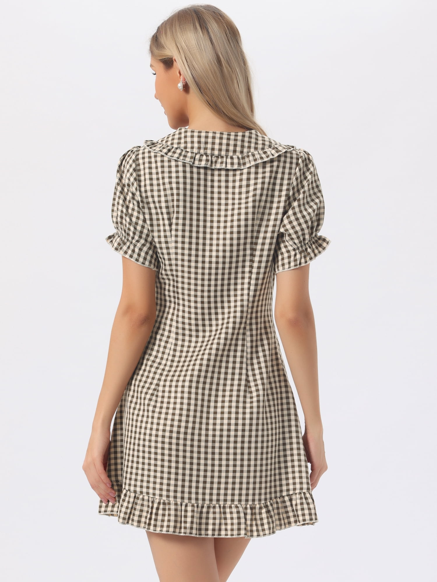 DARING DIVA Women's Ruffled Short Sleeve Collar Cute Checkered Mini Dress M Brown