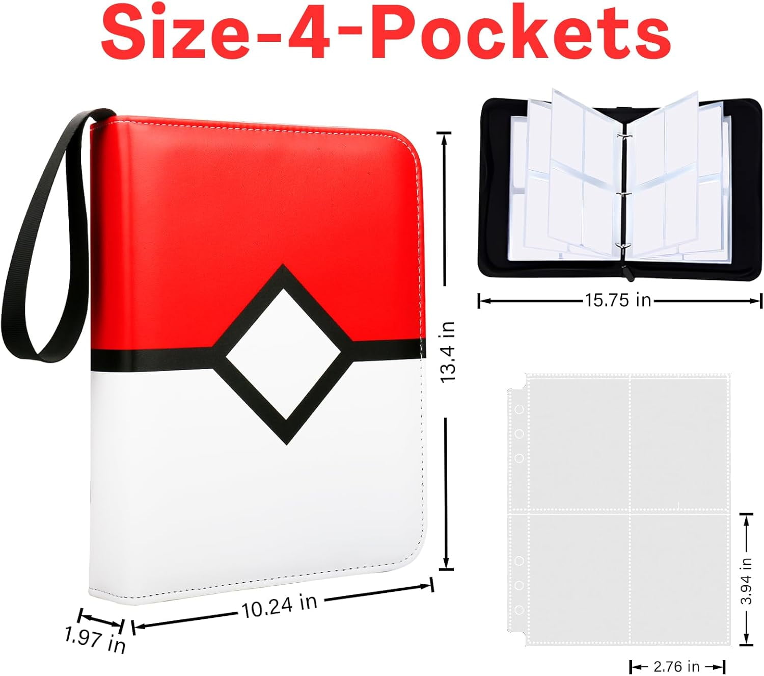 Card Binder with 4 Pockets with Zipper for 50 Pages, 400 Reversible Pocket PU Waterproof Collector's Binder, 3-Ring Zipper Collector Card Album for MTG TCG Sports Cards Game Cards