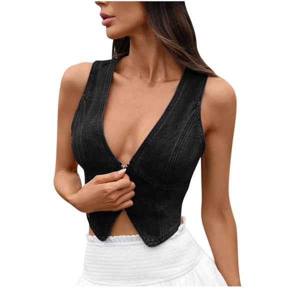JGGSPWM Sexy Denim Vest for Women V Neck Cropped Waistcoat Sleeveless Button Down Jean Jackets Trendy Streetwear Black L