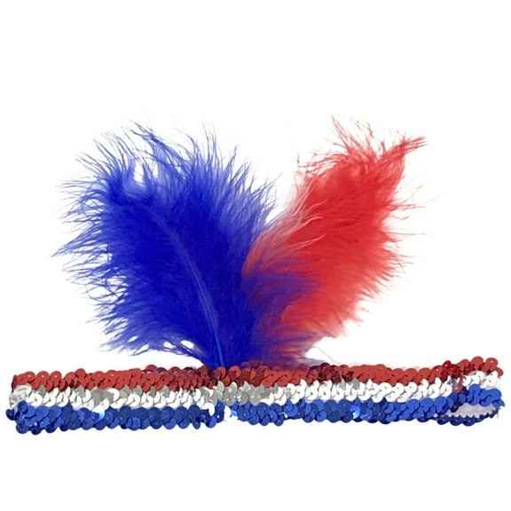 Mardi Gras Spot Red, Blue and Silver Sequin Headband with Red, Blue and White Feathers (Each)