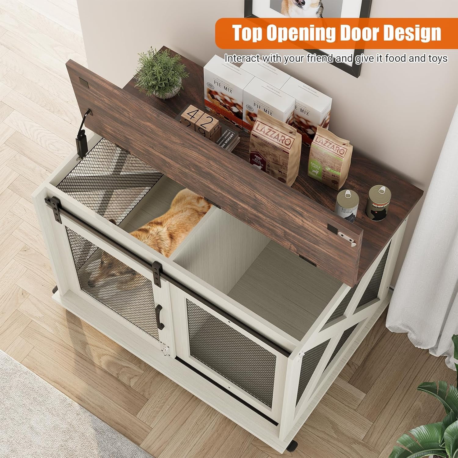Studyset Dog Crate Furniture with Flip Top, 37" Dog Cage Furniture with Sliding Barn Door, Wheels and Removable Divider, Furniture Style Dog Crate Table, Indoor Dog Kennel for Large Dogs