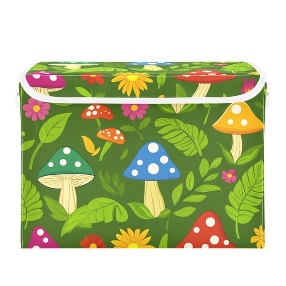 Colorful Mushrooms and Flowers on Green Large Storage Bins with Linen Collapsible Lid Storage Box 16.7 x 12.6 x 11.8in