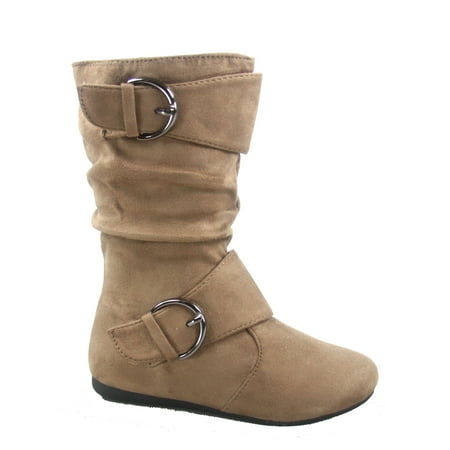 

Klein-70 Girls Kid s Causal Flat Heel Buckles Zipper Slouchy Mid Calf Boots Shoes ( Taupe 10 )