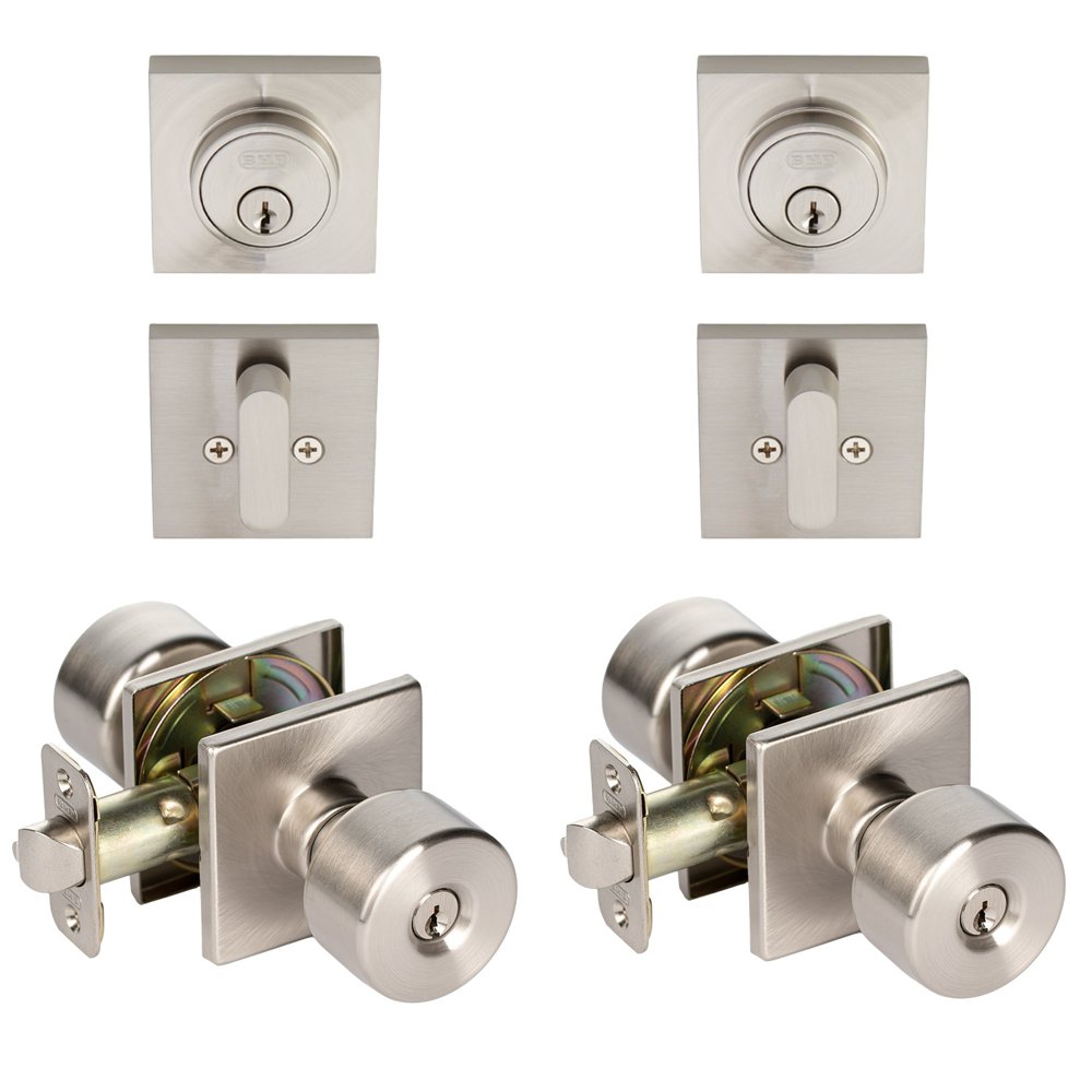 Satin Nickel Flat Keyed Entry Door Knob / Deadbolt Project 2Pack with