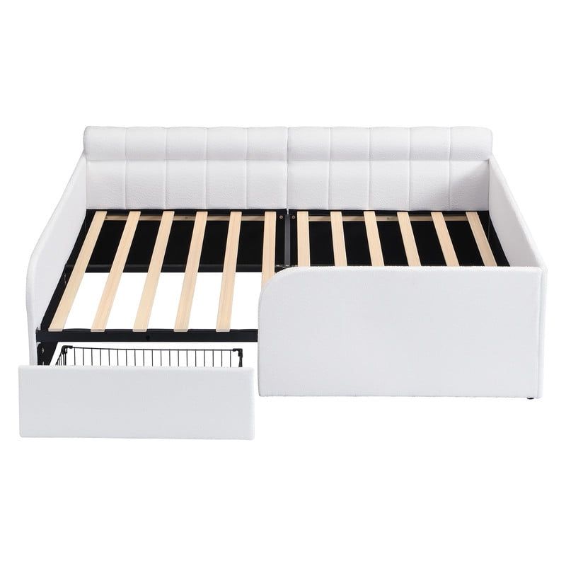 Full Size Boucle Daybed with Metal Drawer on Wheels, Storage Platform Bed Frame with Guardrails, Upholstered Low Profile Bed
