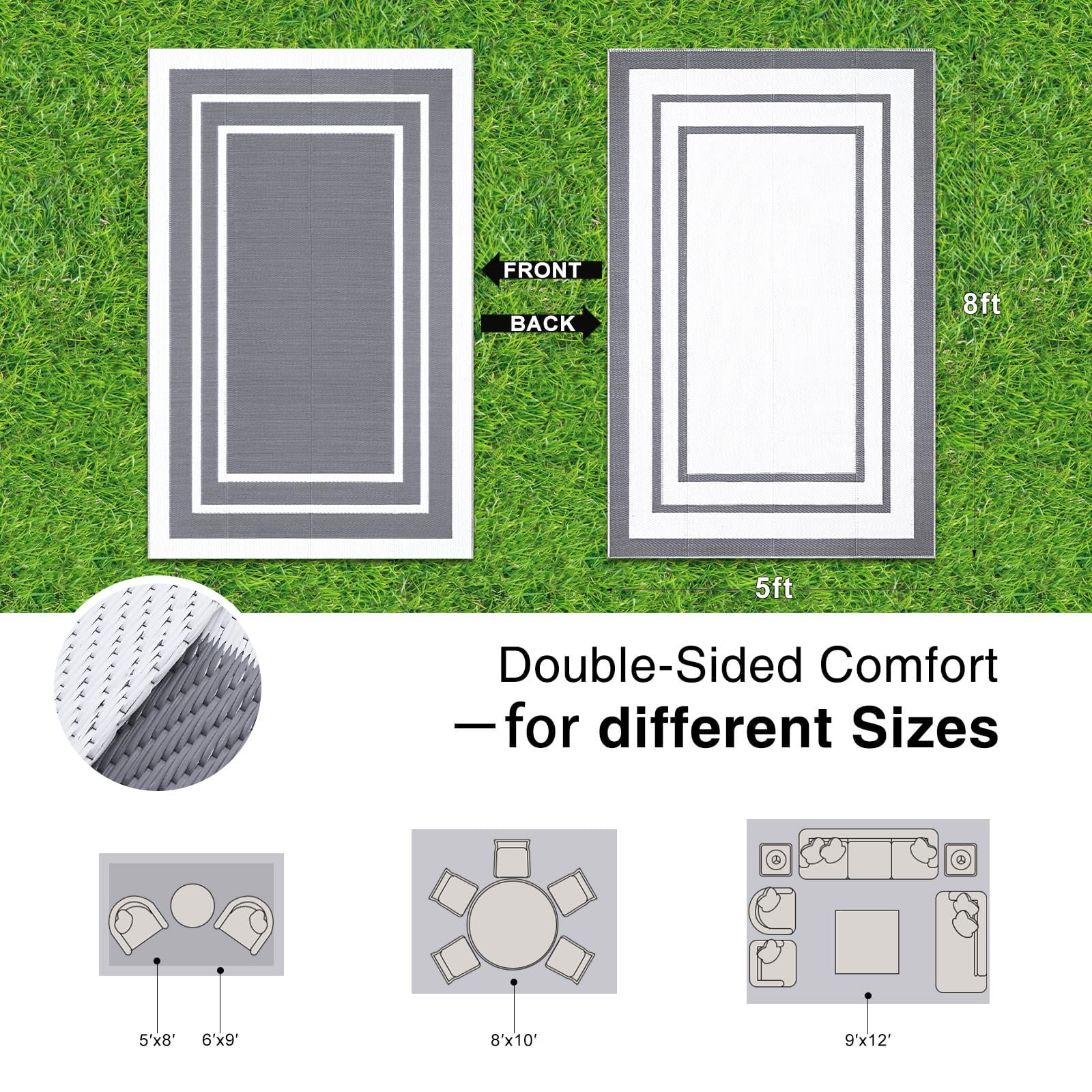 Smiry Outdoor Rugs 5x8, Waterproof Plastic Straw Indoor Outdoor Mat for Patio, RV Camping, Deck,Porch, Grey & White