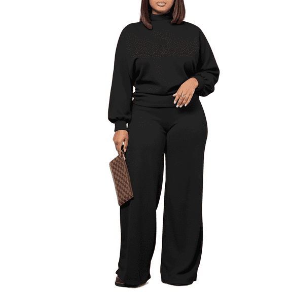 Women Two Piece Outfits Lounge Sets For Women Casual 2 Piece Outfits Baggy Long Sleeve Top And Flare Pants Comfy Tracksuits Black L