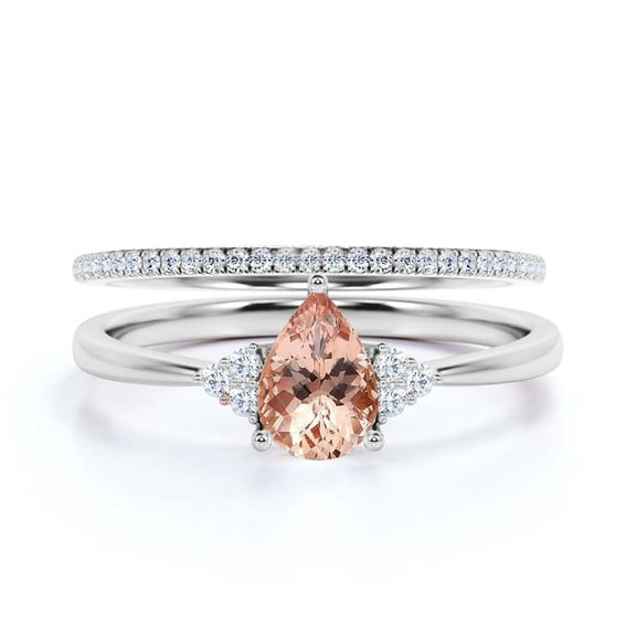 Dazzling Minimalist 1.75 Carat Pear Cut Affordable Ring, Morganite And Diamond Moissanite Engagement Ring, Unique Wedding Ring, One Matching Band in 925 Sterling Silver With 18k White Gold Plating