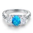 thumbnail image 3 of Gem Stone King 925 Sterling Silver Blue Opal and White Moissanite Filigree Style 3 Stone Ring for Women (2.06 Cttw, Oval 8X6MM and 6X4MM) (Size 9), 3 of 6