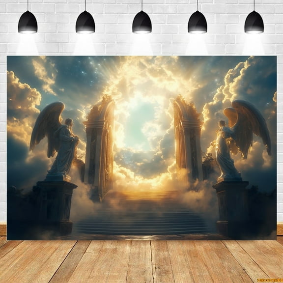 Heav Backdrop White Clouds Angel Statue Stairs Door Easter Party Religious Activities Photography Background Photostudio Props