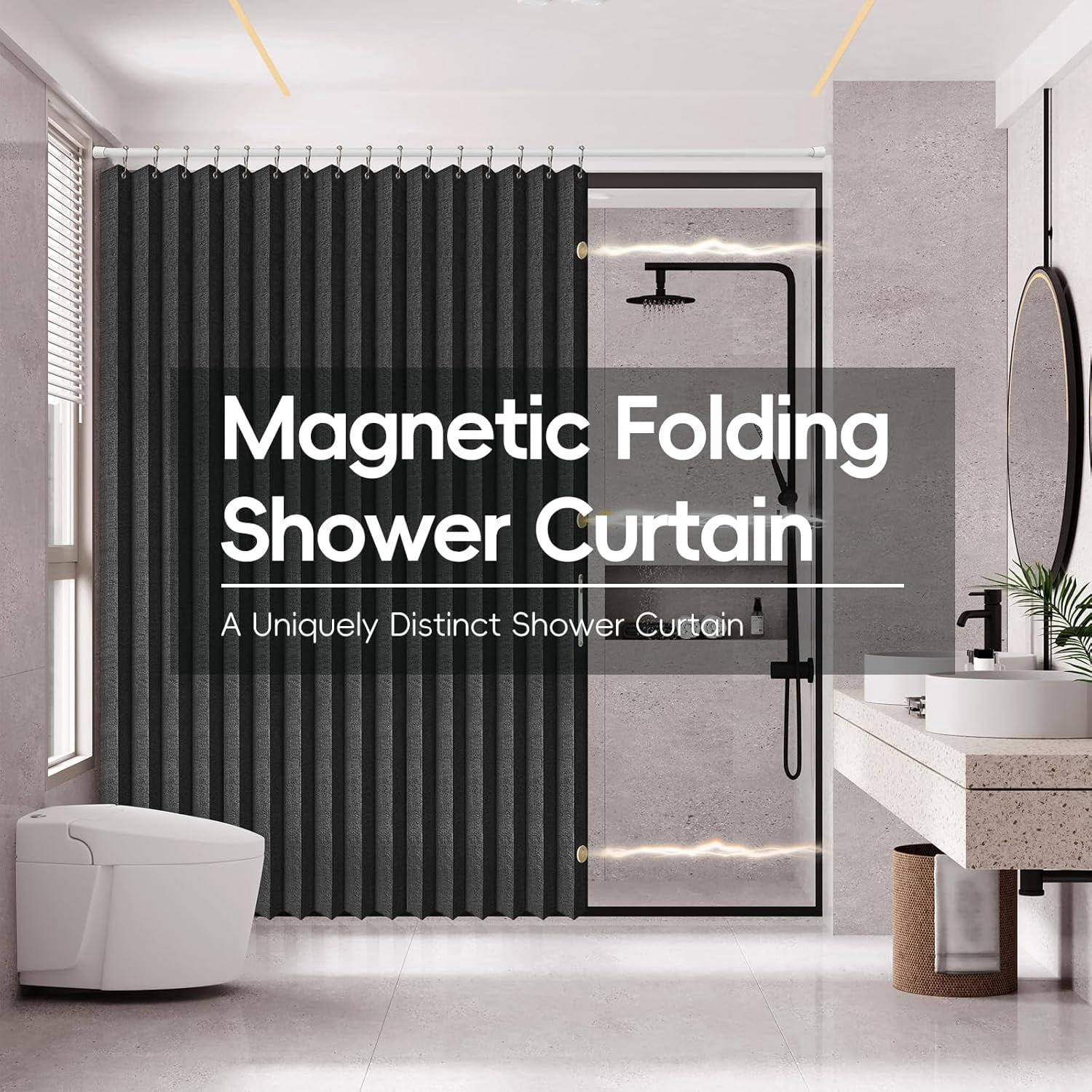 Magnetic Folding Shower Curtains Acordion Shower Curtain Fabric Polyester Waterproof Shower Curtains Suitable for Family Hotel Homestay Bathroom (Black,77" W x 72" L) 1 Panel