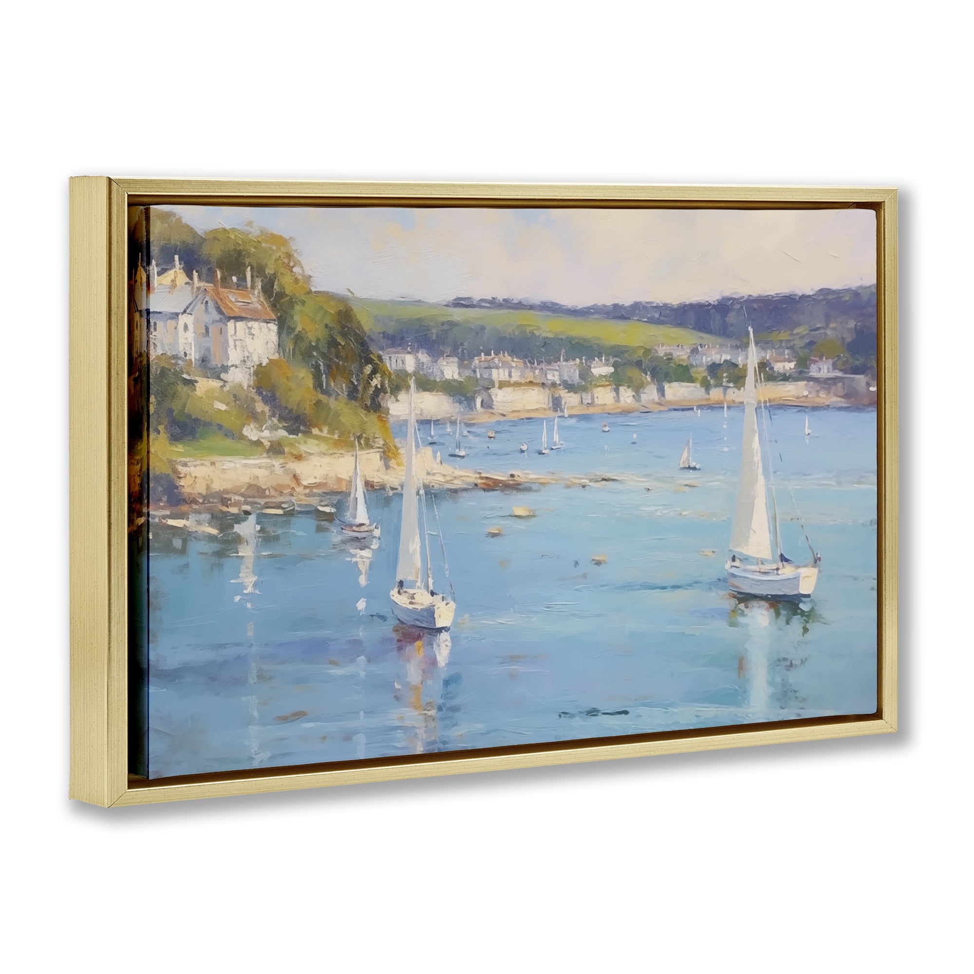 Stupell Industries Sailboats Of The Shore Nautical & Beach Painting Gold Floater Framed Canvas Art Print Wall Art, 25 x 17