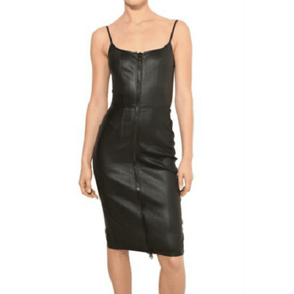 100% Lambskin Leather Beautifully Designed Stylish Black Color Partywear Dress For Women